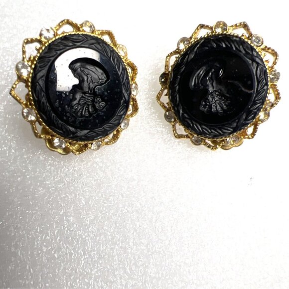 Vintage Robert Rose Cameo Clip-On Earrings Black Goldtone Filigree Rhinestone SE - Picture 9 of 11